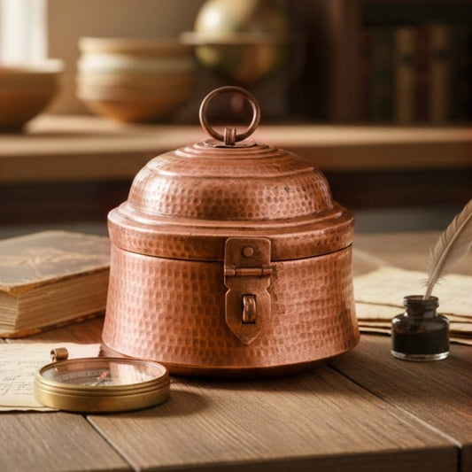 ORIGINAL ANTIQUE: AT/271 - Rare Vintage Pure Copper Storage Box with Lock – Hand Hammered & Engraved Jewellery Keeper | KITCHENWARE | UTENSILS | HOME APPLIANCES