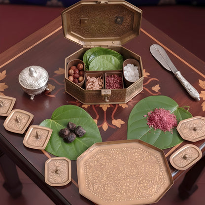 PM/26 - Very Rare 100% Pure Copper Hexagon Paan Daan Set – Hand Engraved Vintage Betel Nut Supari Box | KITCHENWARE | UTENSILS | HOME APPLIANCES