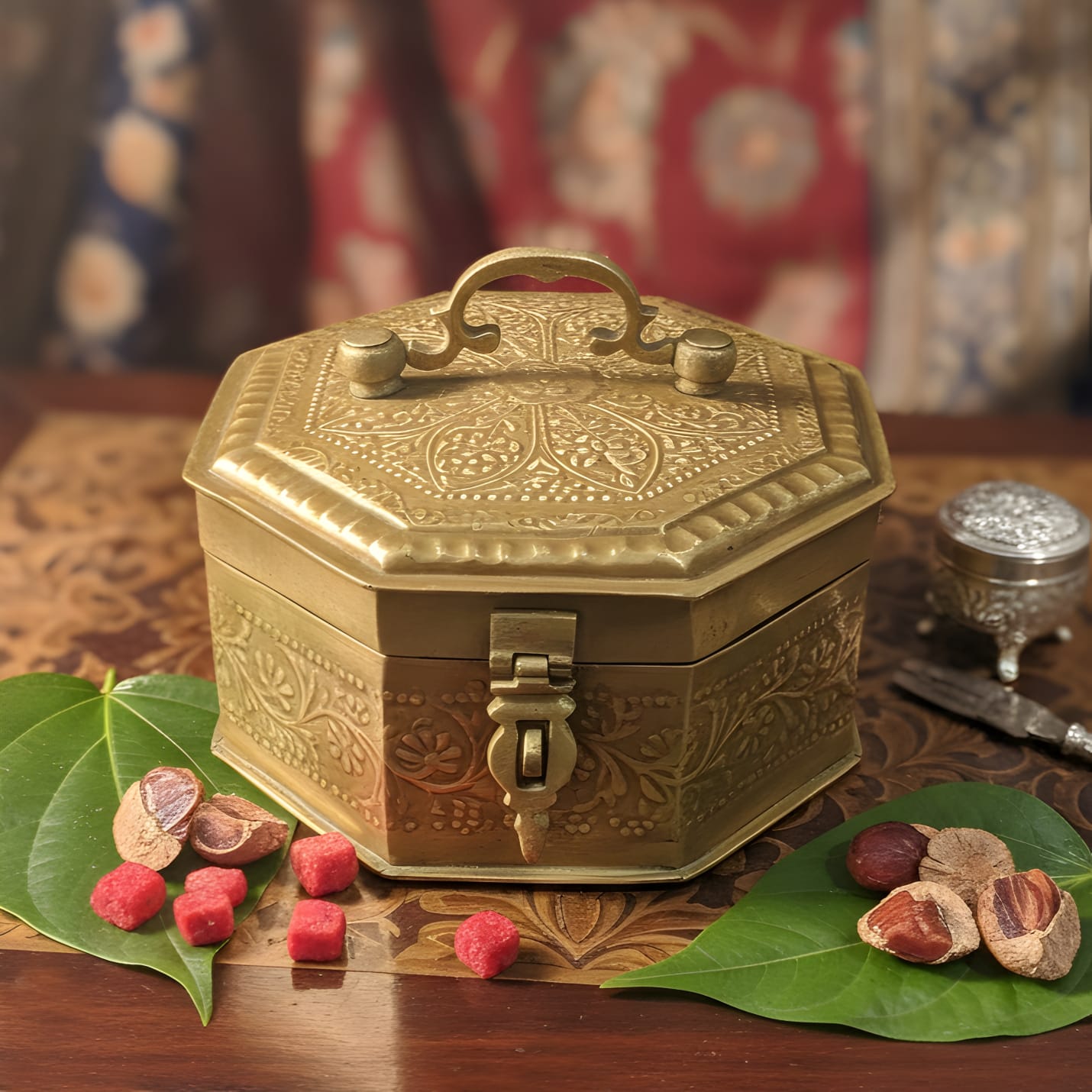 BN/07 - Very Rare 100% Pure Brass Hexagon Paan Daan Set – Hand Engraved Vintage Betel Nut Supari Box | KITCHENWARE | UTENSILS | HOME APPLIANCES