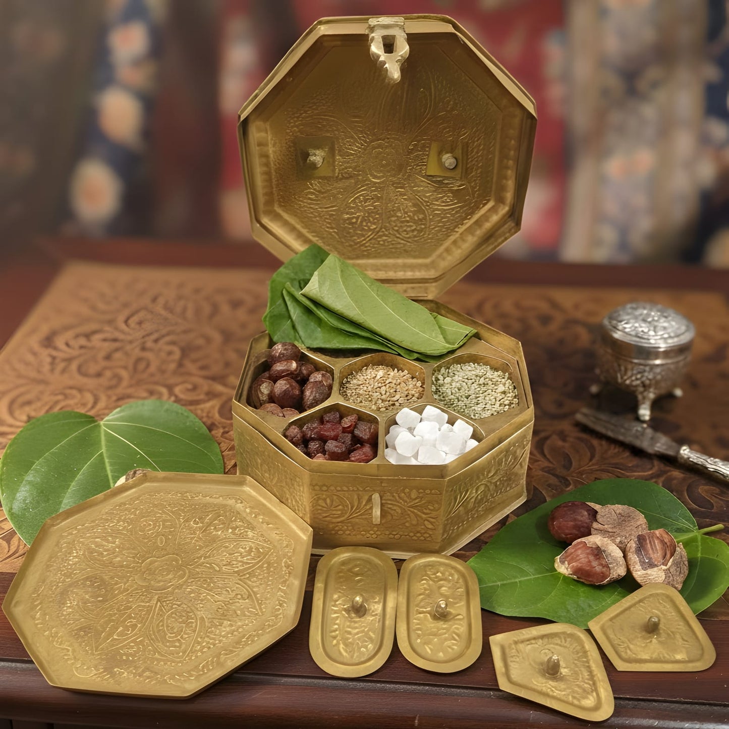 BN/07 - Very Rare 100% Pure Brass Hexagon Paan Daan Set – Hand Engraved Vintage Betel Nut Supari Box | KITCHENWARE | UTENSILS | HOME APPLIANCES