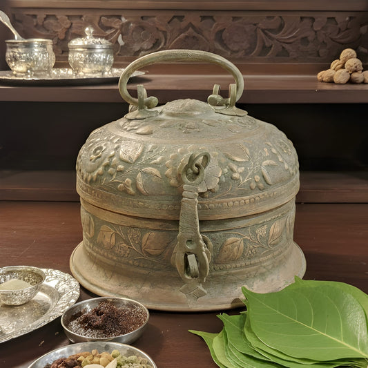PM/25 - Very Rare Antique Pure Copper Large Round Paan Daan Set – Heavy Weight Hand Engraved Vintage Betel Nut Box | KITCHENWARE | UTENSILS | HOME APPLIANCES