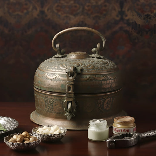 ORIGINAL ANTIQUE: AT/281 - Very Rare Antique Pure Copper Large Round Paan Daan Set – Heavy Weight Hand Engraved Vintage Betel Nut Box | KITCHENWARE | UTENSILS | HOME APPLIANCES