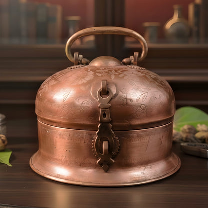 PM/24 - Very Rare Antique Pure Copper Large Round Paan Daan Set – Heavy Weight Hand Engraved Vintage Betel Nut Box | KITCHENWARE | UTENSILS | HOME APPLIANCES