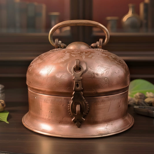 BN/09 - Very Rare Antique Pure Copper Large Round Paan Daan Set – Heavy Weight Hand Engraved Vintage Betel Nut Box | KITCHENWARE | UTENSILS | HOME APPLIANCES