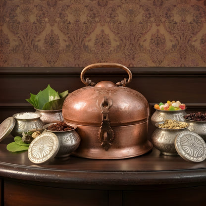 PM/24 - Very Rare Antique Pure Copper Large Round Paan Daan Set – Heavy Weight Hand Engraved Vintage Betel Nut Box | KITCHENWARE | UTENSILS | HOME APPLIANCES
