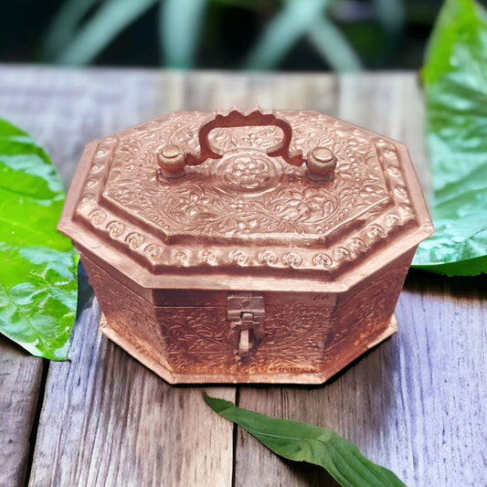 Very Rare 100% Pure Copper Hexagon Paan Daan Set – Hand Engraved Vintage Betel Nut Supari Box | BN/23