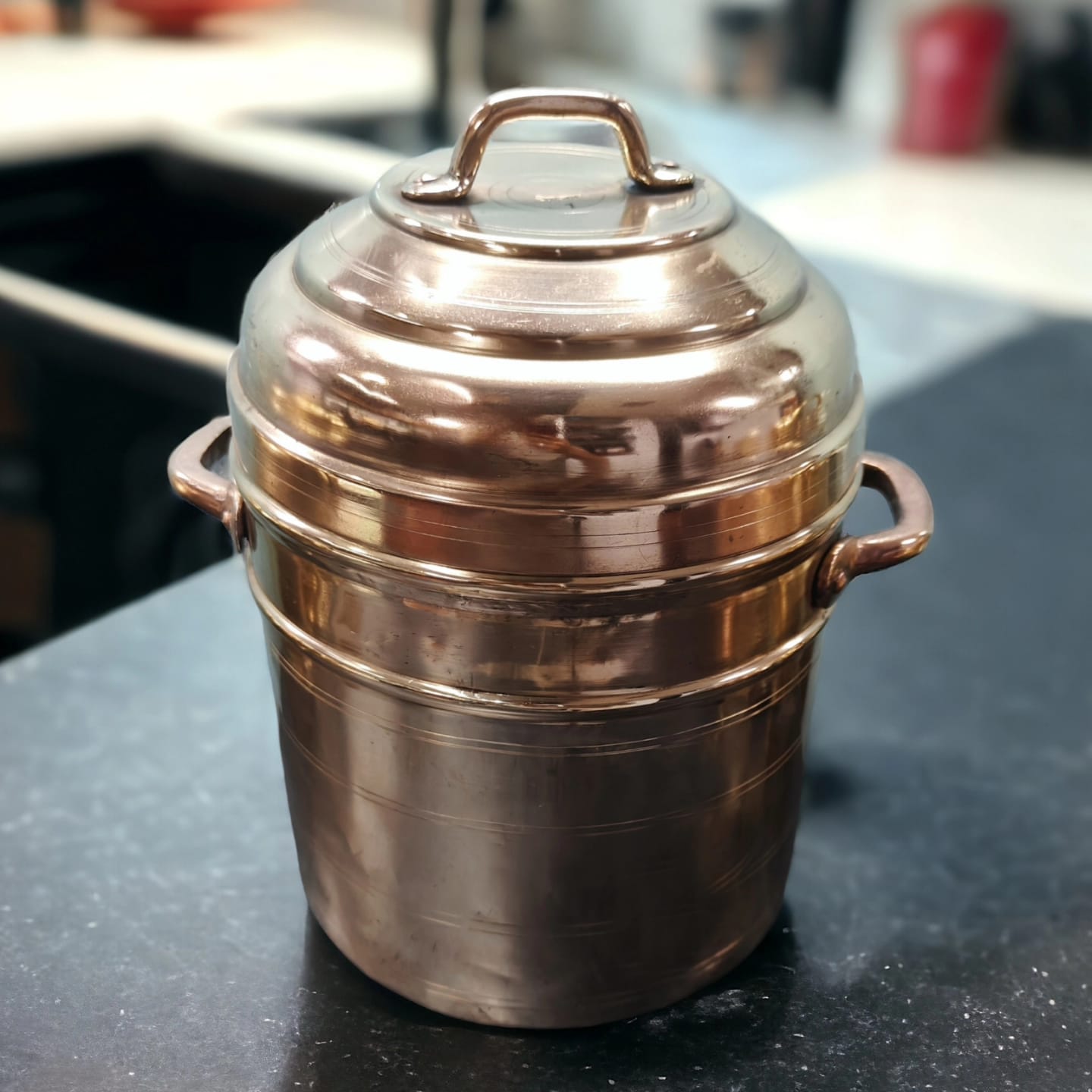 RA/289 | Rare Antique Pure Brass Large Cylindrical Storage Container with Lid & Handle – Vintage Kitchenware