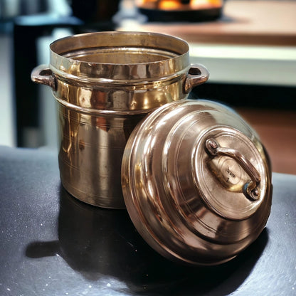 RA/289 | Rare Antique Pure Brass Large Cylindrical Storage Container with Lid & Handle – Vintage Kitchenware