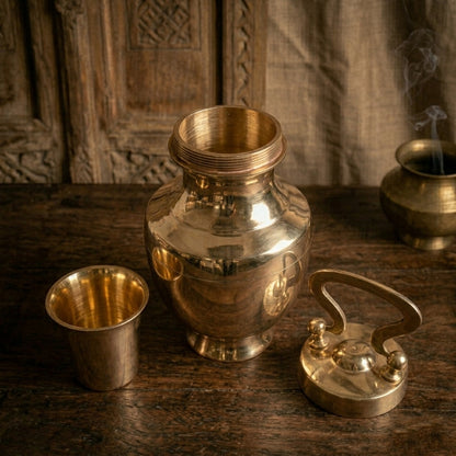 K/05 - Rare Pure Brass Very Beautiful Oval Shape Vintage Look Gangajal Lota with Glass inside in a Glossy finish traditionally known as "KAMANDAL" | KITCHENWARE | UTENSILS | HOME APPLIANCES