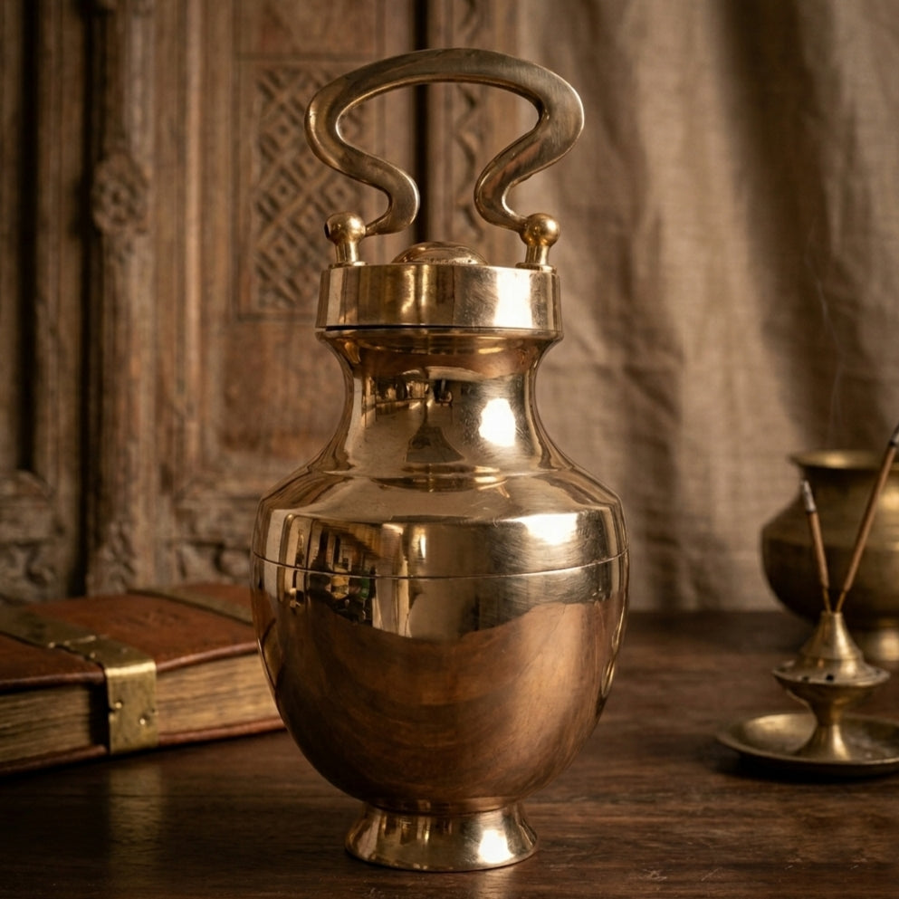 K/05 - Rare Pure Brass Very Beautiful Oval Shape Vintage Look Gangajal Lota with Glass inside in a Glossy finish traditionally known as "KAMANDAL" | KITCHENWARE | UTENSILS | HOME APPLIANCES