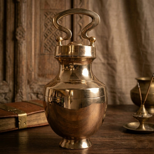 K/04 - Rare Pure Brass Very Beautiful Oval Shape Vintage Look Gangajal Lota with Glass inside in a Glossy finish traditionally known as "KAMANDAL" | KITCHENWARE | UTENSILS | HOME APPLIANCES