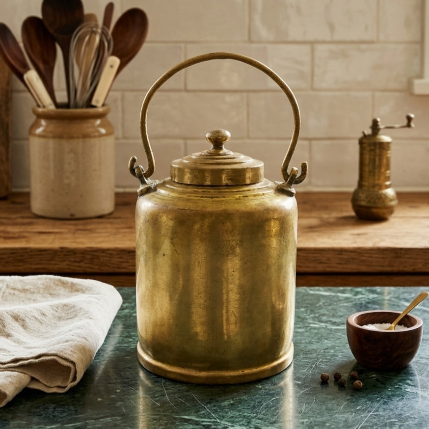 RA/303 | Rare Vintage 100% Pure Brass Barni Canister – Milk/Ghee/Oil Storage Container Antique Kitchenware