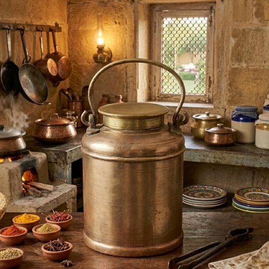 OGMC/06 - Rare Vintage 100% Pure Brass Airtight Barni Canister – Large Milk/Ghee/Oil Storage Container Antique Kitchenware | KITCHENWARE | UTENSILS | HOME APPLIANCES