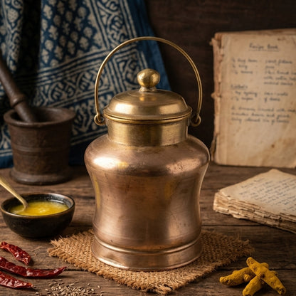 RA/295 | Rare Vintage 100% Pure Brass Barni Canister – Unique Shape Milk/Ghee/Oil Storage Container