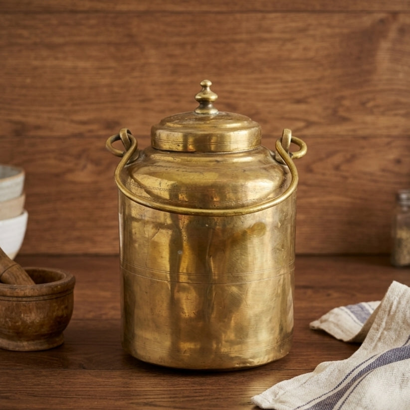 OGMC/09 - Rare Vintage 100% Pure Brass Barni Canister – Milk/Ghee/Oil Storage Container Antique Kitchenware | KITCHENWARE | UTENSILS | HOME APPLIANCES