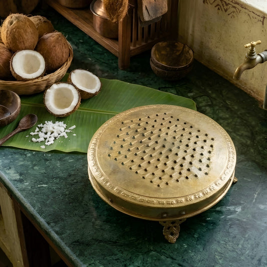OT/35 - 100% Pure Brass Khisni Grater/Scraper with Legs – Perfect Round Shape Traditional Kitchen Tool | KITCHENWARE | UTENSILS | HOME APPLIANCES