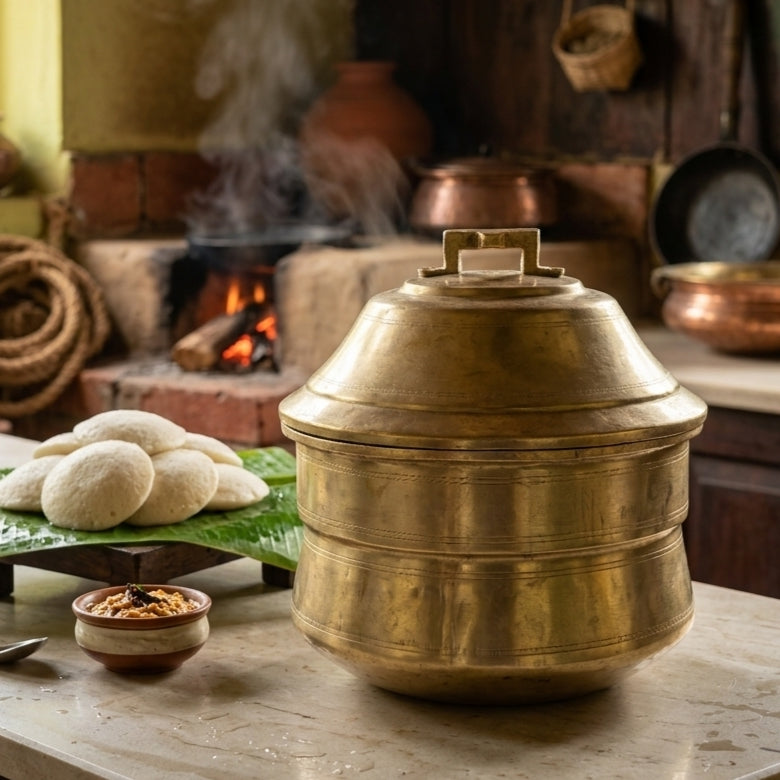 RA/321 | Very Rare Vintage Brass Idli Steamer Pot (Idli Patra) with 1 Insert & 4 Idli Moulds – Unique Shape Cooker