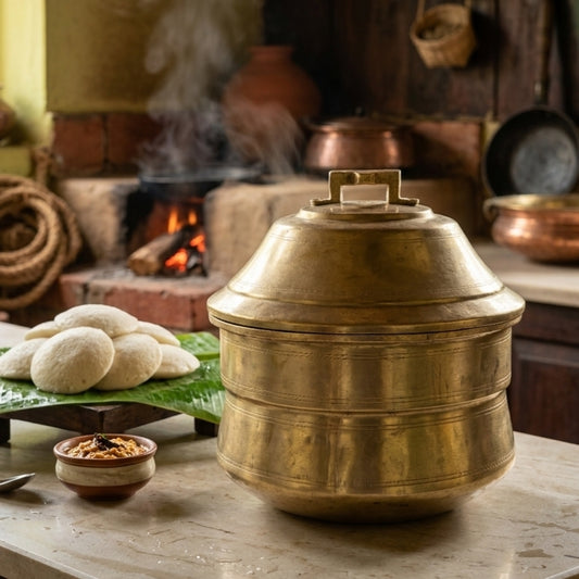 ORIGINAL ANTIQUE: AT/321 - Very Rare Vintage Brass Idli Steamer Pot (Idli Patra) with 1 Insert & 4 Idli Moulds – Unique Shape Cooker | KITCHENWARE | UTENSILS | HOME APPLIANCES