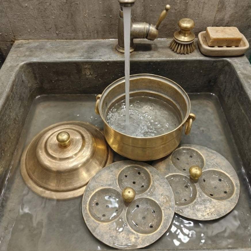 RA/322 | Very Rare Vintage Brass Idli Steamer Pot (Idli Patra) with 2 Inserts & 6 Idli Moulds – Unique Shape Cooker