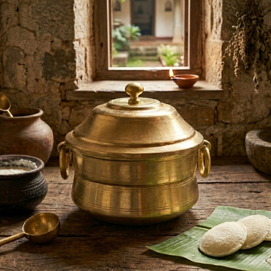 ORIGINAL ANTIQUE: AT/322 - Very Rare Vintage Brass Idli Steamer Pot (Idli Patra) with 2 Inserts & 6 Idli Moulds – Unique Shape Cooker | KITCHENWARE | UTENSILS | HOME APPLIANCES