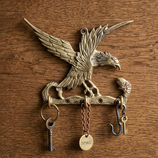 ORIGINAL ANTIQUE: AT/325 - Handmade 100% Pure Brass Eagle Key Holder – Vintage Wall Mounted Rack with 4 Hooks Decorative Organizer | KITCHENWARE | UTENSILS | HOME APPLIANCES