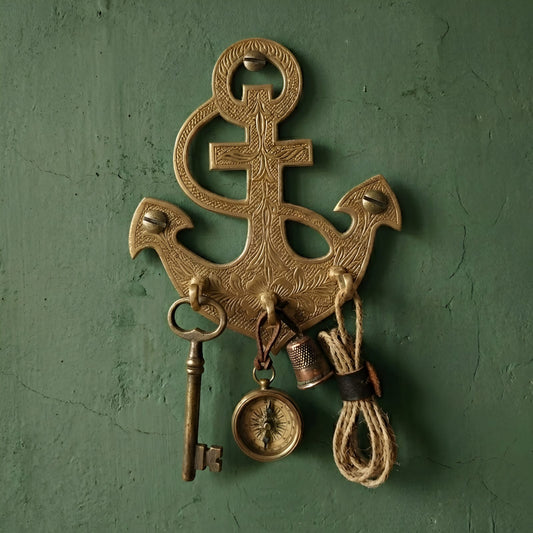 ORIGINAL ANTIQUE: AT/326 - Handmade 100% Pure Brass Ship Anchor Key Holder – Vintage Wall Mounted Rack with 3 Hooks Decorative Organizer | KITCHENWARE | UTENSILS | HOME APPLIANCES