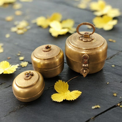 RA/024 | Set of 3 100% Pure Brass Vintage Style Beautifully Engraved Matt Look Trinket Boxes