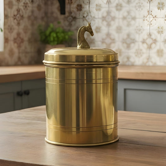 RA/226-1 | Antique Brass/Pital Cylindrical Storage Boxes with Horse Lid – Rare Vintage Decorative Collectibles (Antiques)