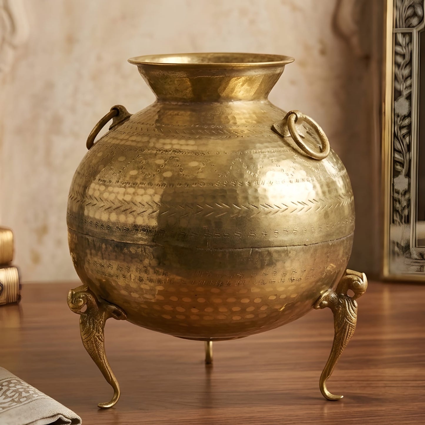 RA/337 | Vintage Rare Pure Brass Very Beautifully Engraved Round Shape Big Size Pot | Vase | Planter on Parrot Legs with Handles