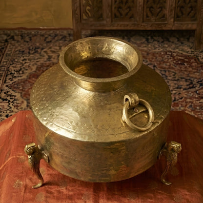 RA/338 | Vintage Rare Pure Brass Very Beautifully Engraved Unique Shape Big Size Pot | Vase | Planter on Parrot Legs with Handles