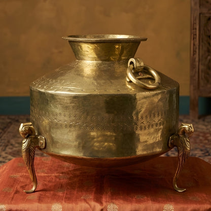RA/338 | Vintage Rare Pure Brass Very Beautifully Engraved Unique Shape Big Size Pot | Vase | Planter on Parrot Legs with Handles