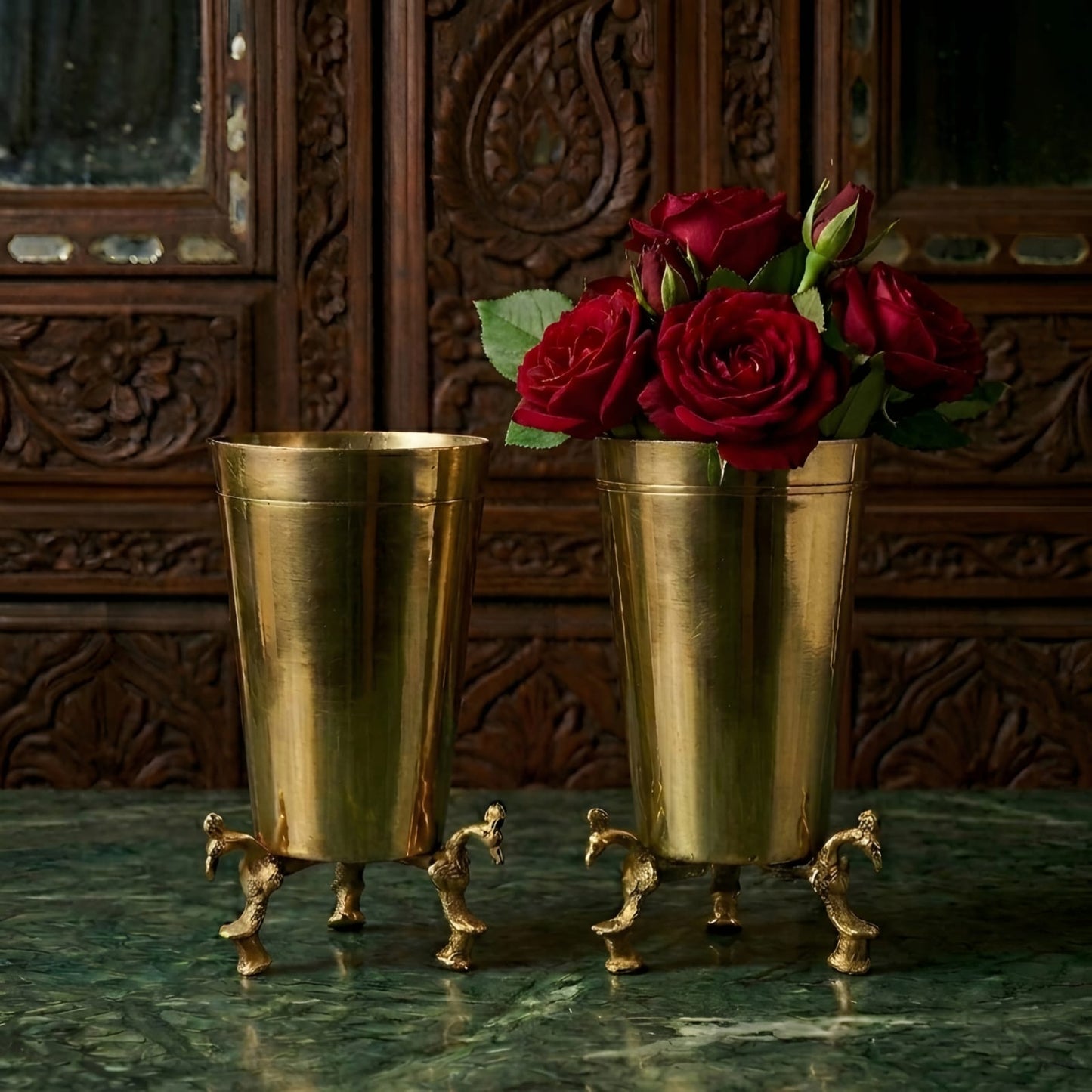 RA/340 | Set of 2 -  Rare Vintage Pure Brass Glasses on Peacock Legs