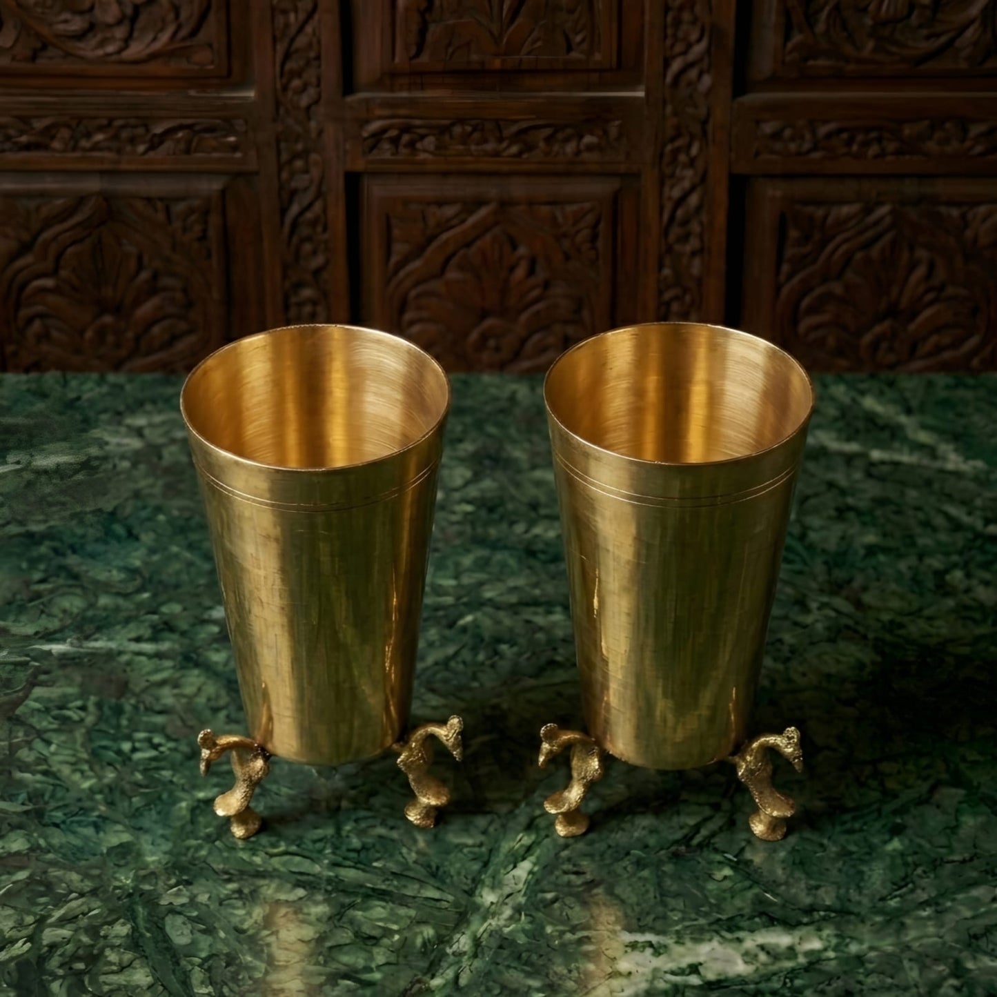 RA/340 | Set of 2 -  Rare Vintage Pure Brass Glasses on Peacock Legs