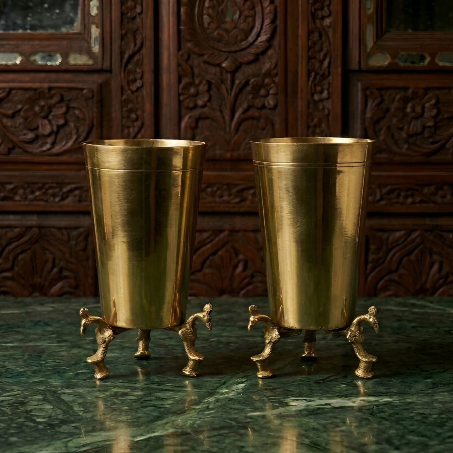 RA/340 | Set of 2 -  Rare Vintage Pure Brass Glasses on Peacock Legs