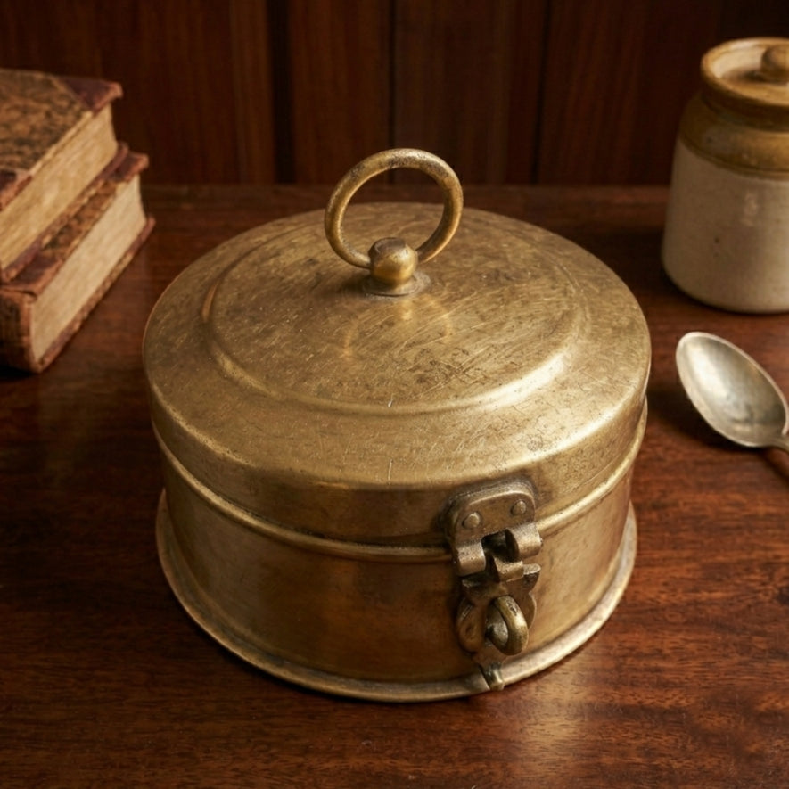 RA/353 | Vintage Rare Pure Brass Original Antique Round Shape Box With Handle & Locking System