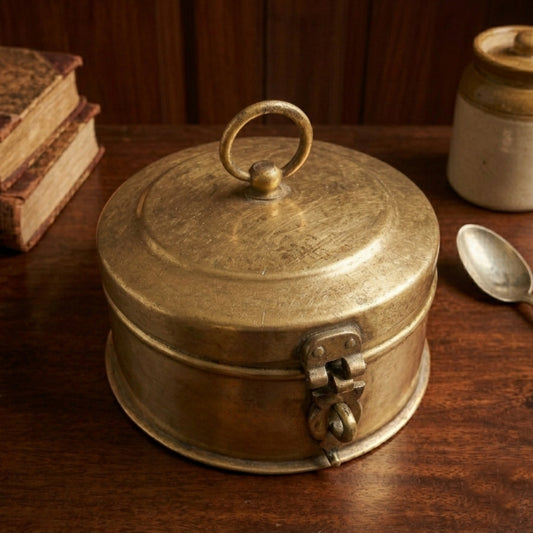 RA/353 | Vintage Rare Pure Brass Original Antique Round Shape Box With Handle & Locking System