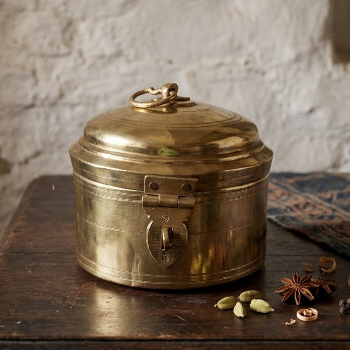 RA/354 | Vintage Rare Pure Brass Original Antique Round Shape Box With Handle & Locking System