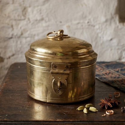 RA/354 | Vintage Rare Pure Brass Original Antique Round Shape Box With Handle & Locking System