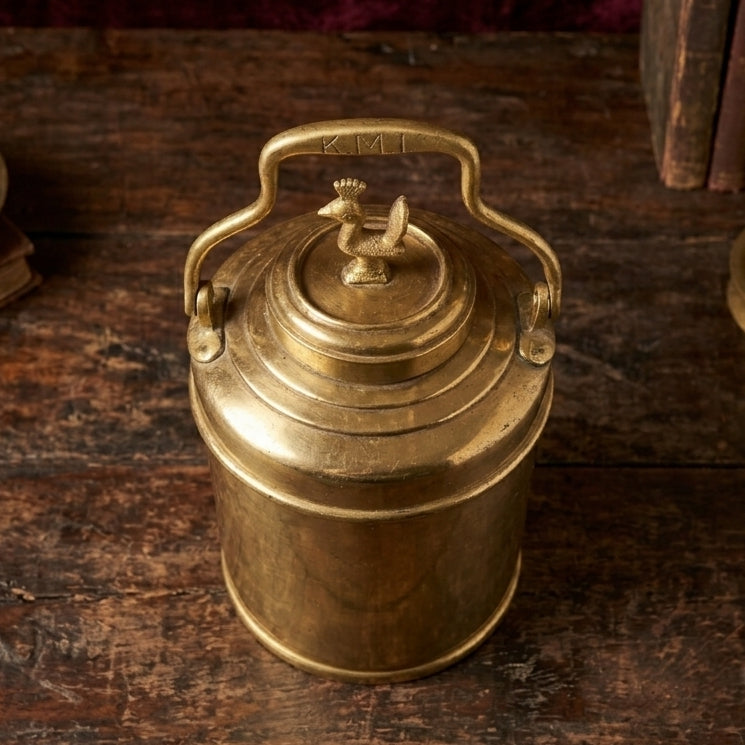 RA/362 | 100% Pure Brass Rare Vintage Milk / Ghee / Oil Barni | Jar | Canister with Peacock Lid