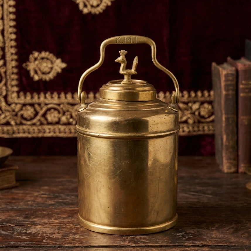 RA/362 | 100% Pure Brass Rare Vintage Milk / Ghee / Oil Barni | Jar | Canister with Peacock Lid