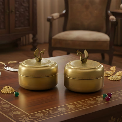 RA/366 | Set of 2 - 100% Pure Brass Vintage Style Beautifully Engraved Matt Look Trinket Box with Bird on top
