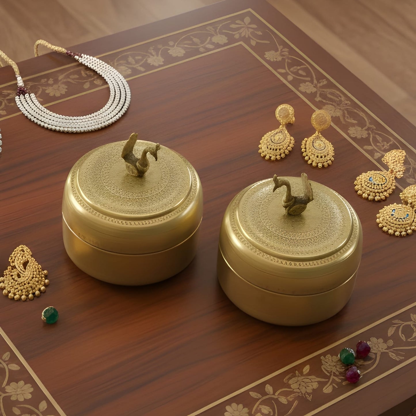 RA/366 | Set of 2 - 100% Pure Brass Vintage Style Beautifully Engraved Matt Look Trinket Box with Bird on top