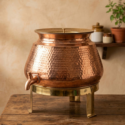 BN/045 | 100% Pure Copper Beautifully Hammered Water Dispenser with Brass Lid & Stand (Capacity - 10 Litres)
