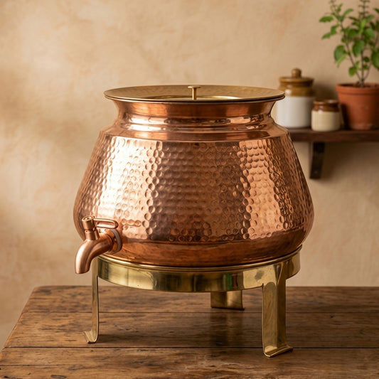 BN/045 | 100% Pure Copper Beautifully Hammered Water Dispenser with Brass Lid & Stand (Capacity - 10 Litres)