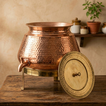 BN/045 | 100% Pure Copper Beautifully Hammered Water Dispenser with Brass Lid & Stand (Capacity - 10 Litres)