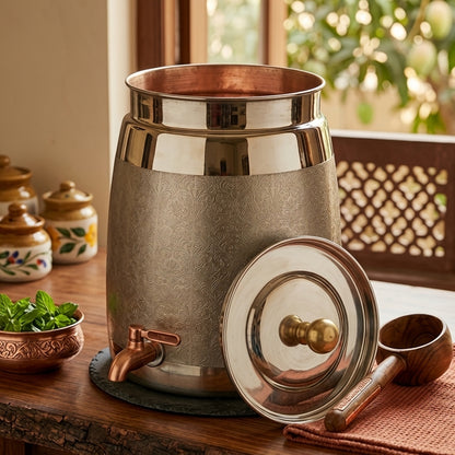 BN/049 | 100% Pure Copper Beautifully Engraved Silver Plated Water Dispenser (Capacity - 10 Litres Plus)