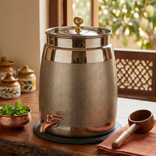 BN/049 | 100% Pure Copper Beautifully Engraved Silver Plated Water Dispenser (Capacity - 10 Litres Plus)