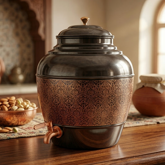 BN/050 | 100% Pure Copper Beautifully Engraved Black Oxidised Water Dispenser (Capacity - 10 Litres Plus)