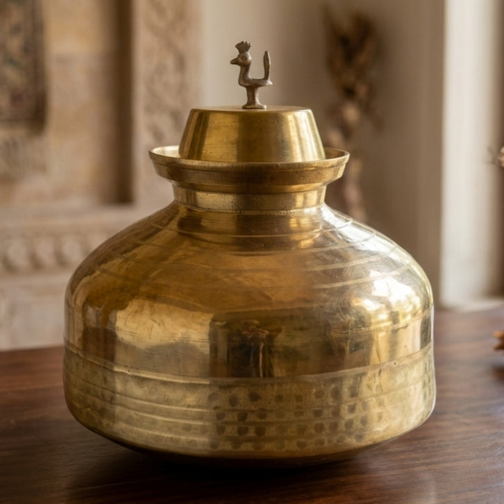 RA/376 | Rare Vintage Pure Brass Beautiful Unique Shape Big Size Pot with Peacock Lid