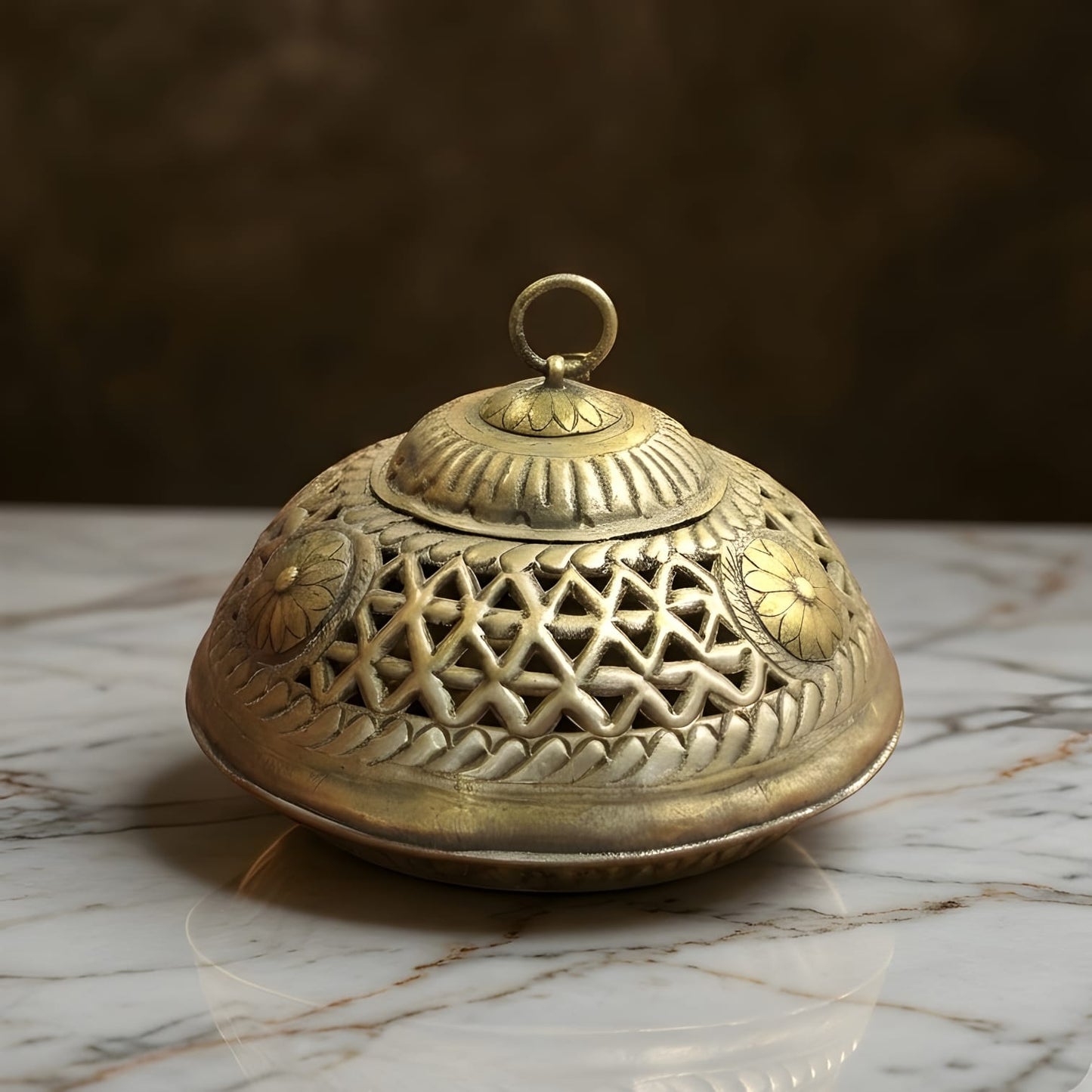 RA/368 | Very Rare Beautifully Engraved & Pierced Perfect Round Shape Pure Brass Storage Box | Jewellery Keeper